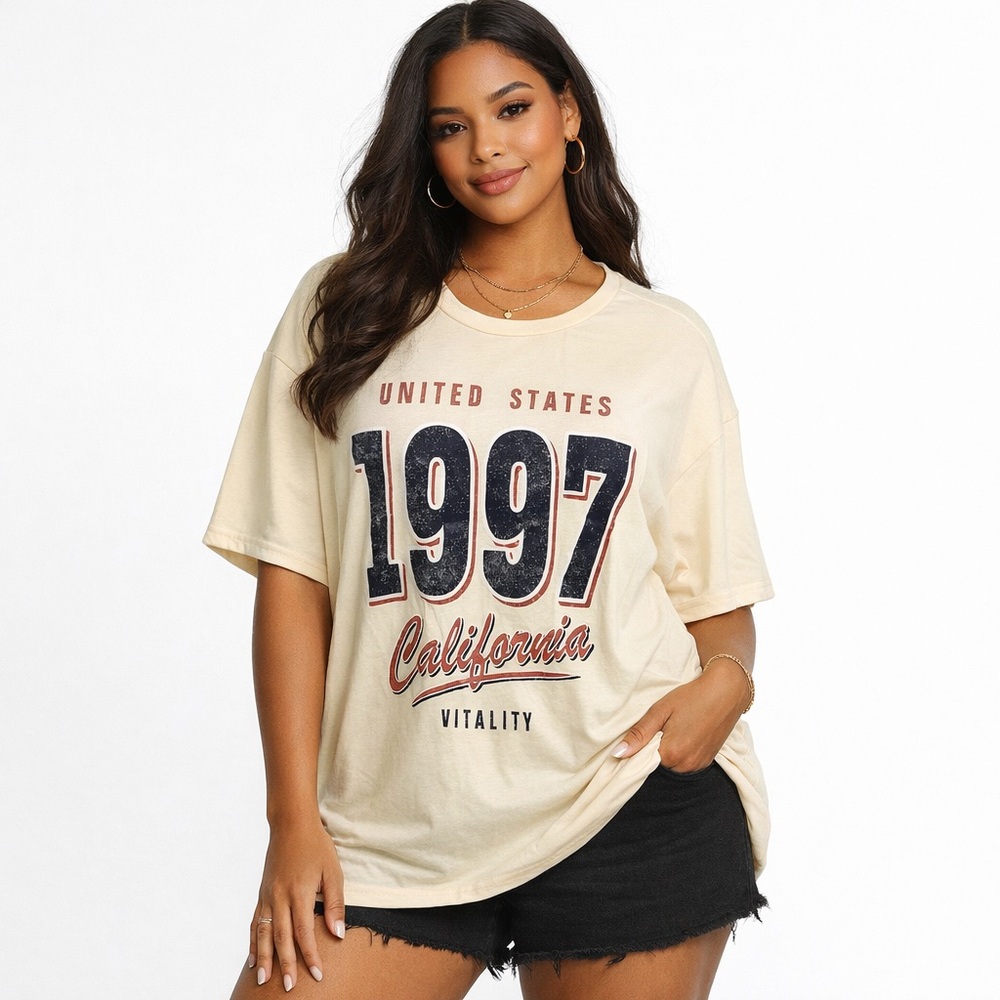 SHEIN Curve California 1997 Oversized Graphic Tee Beige Plus 0XL